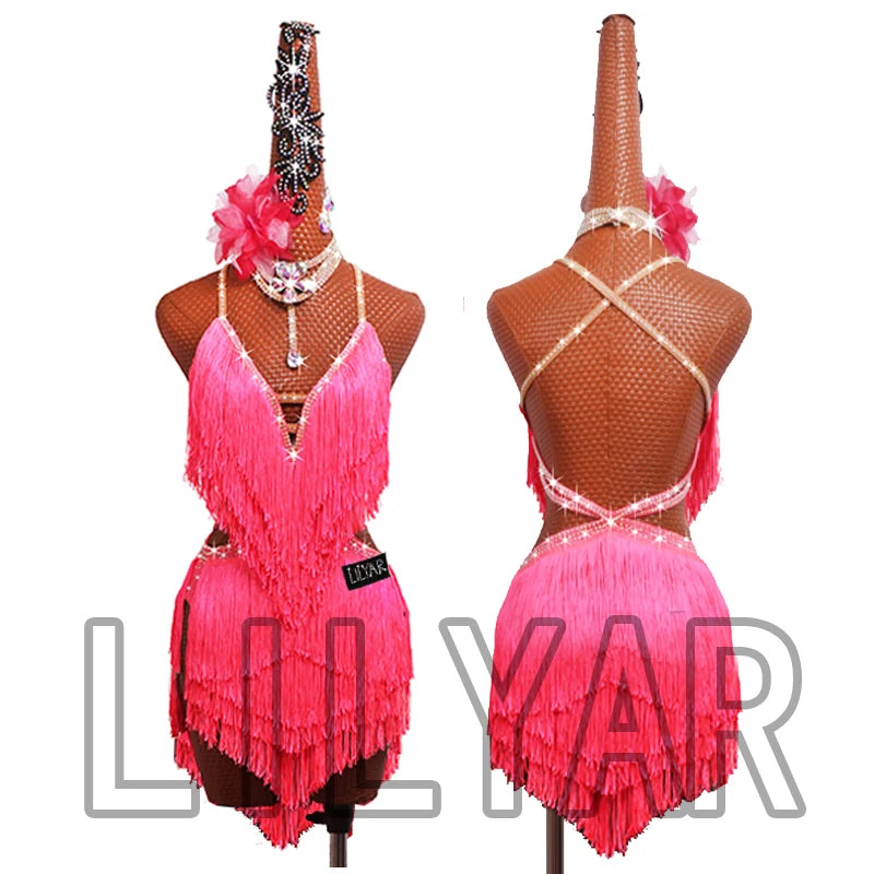 New professional Latin Dance Performance Competition Dress Adult Women Sparkling Pink Tassel Backless Dance Dress