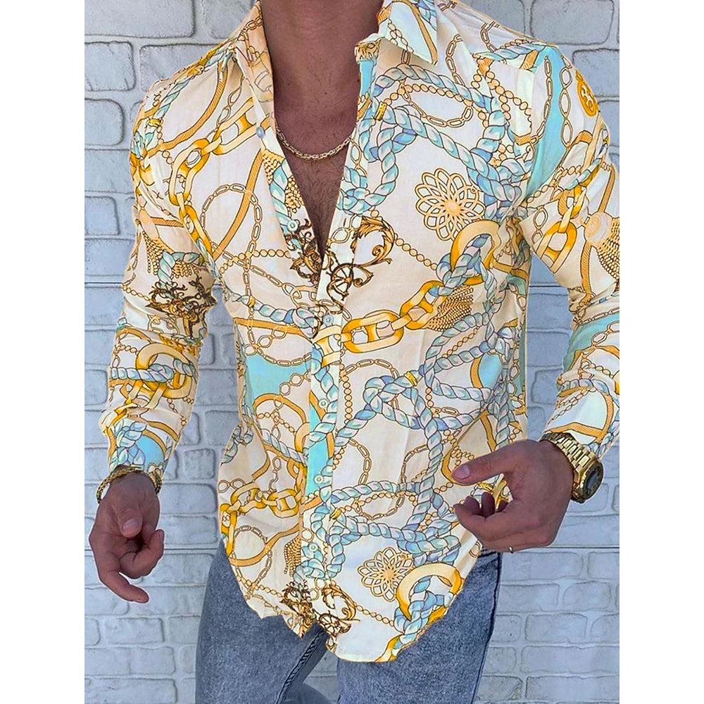 Men's red patterned long-sleeved shirt men's casual versatile fashion street men's shirt lapel single-breasted long sleeve
