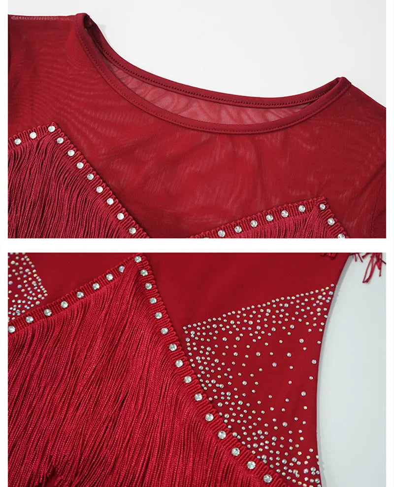 Women's Flapper Dress Fringe Salsa Latin Dance Dress Party Ballroom Dancer Outfits With Shorts Long Sleeve  Tango Samba Rumba