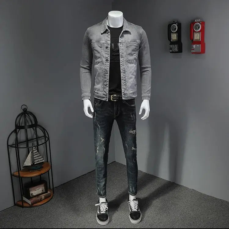 2025 Men's Autumn Winter Brand Casual Cotton Jacket with American Retro Motorcycle Embroidered Street Fashion Grey Jeans Coat