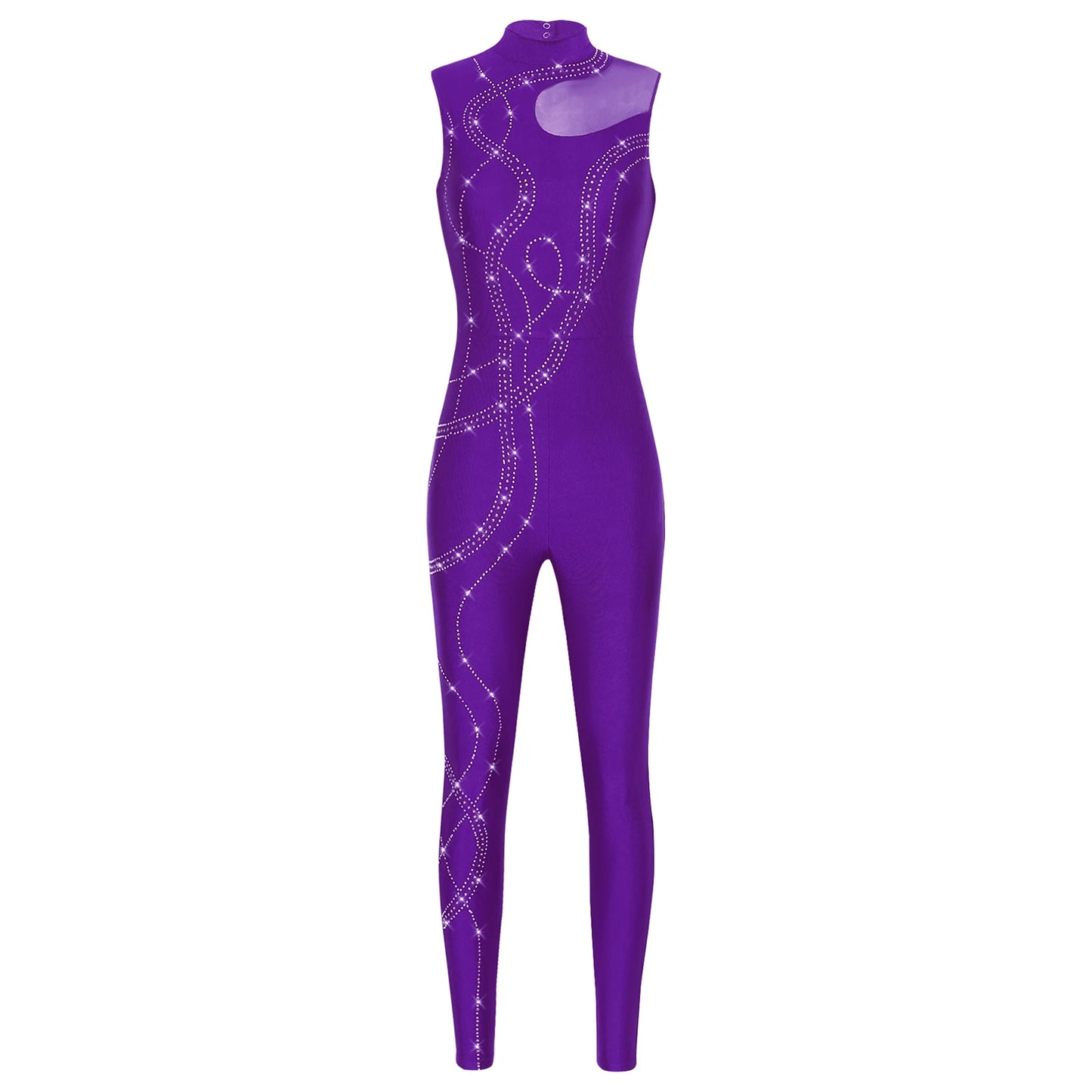 Womens Rhythmic Gymnastics Artistic Figure Skating Dance Costume Shiny Rhinestones Ballet Dance Unitards Jumpsuit Full Bodysuit