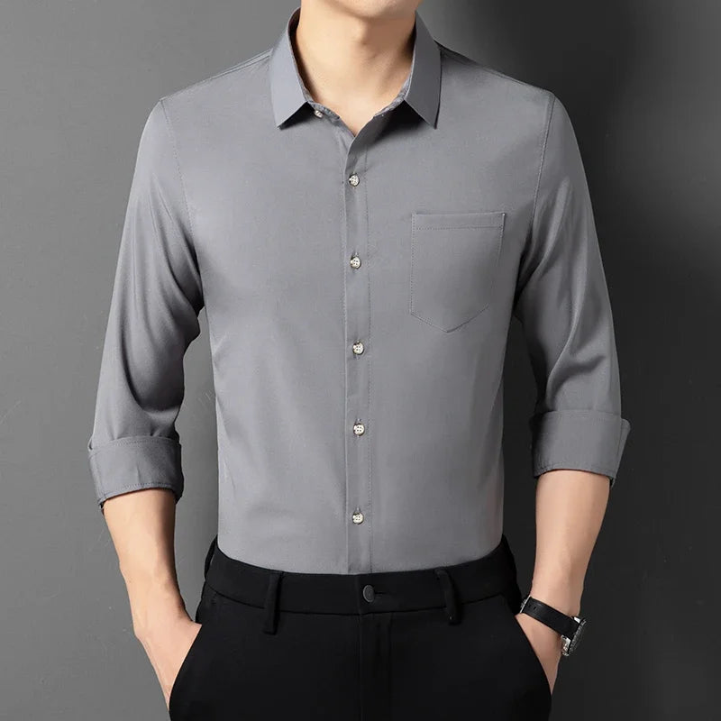 Men's New Casual and Fashionable Long Sleeved Shirt with Pockets Comfortable Wrinkle Resistant and Iron Free Collared Shirt