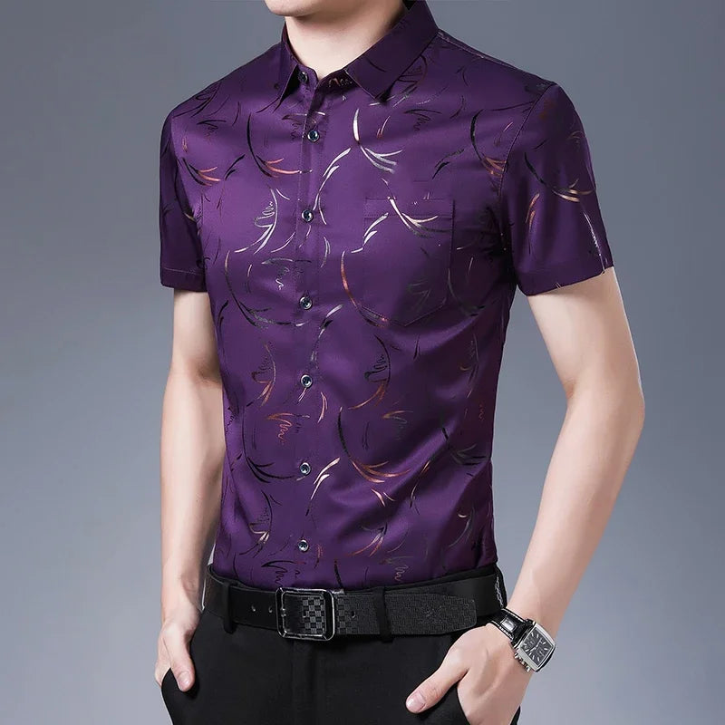 New Men's Casual Printed Short Sleeved Lapel Shirt for Summer Fashion Comfort No Ironing Wrinkle Resistant Top
