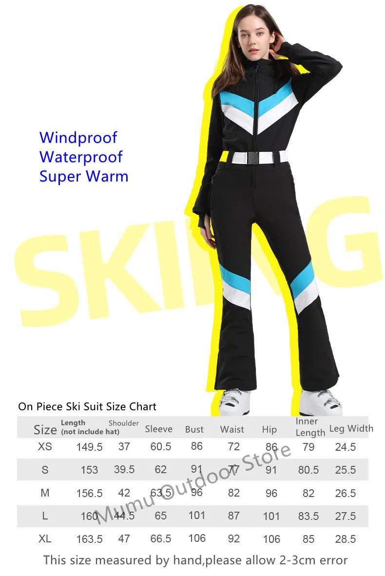 Women One Piece Ski Suit Winter Snowboard Jumpsuit Waterproof Windproof Thicken Hooded Outdoor Sport Wear for Mountain Hiking