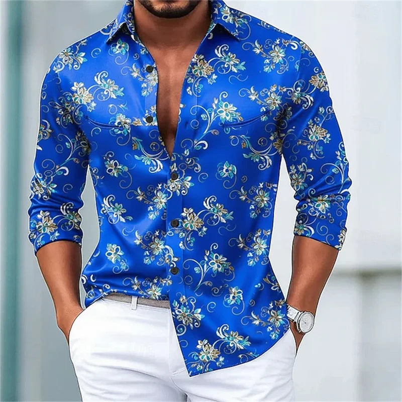 Fashion Flower pattern 3D Print Men's Long Sleeve Shirts Fashion Button-Down Tops Autumn New Casual Men's Casual Lapel Shirts
