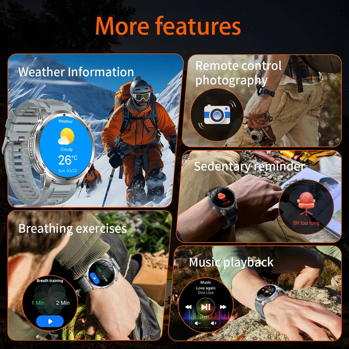 Fanwear men's smart watch SOS distress light +LED flashlight dual light mode 1000 mAh battery GPS trajectory 1.85 inch AMOLED