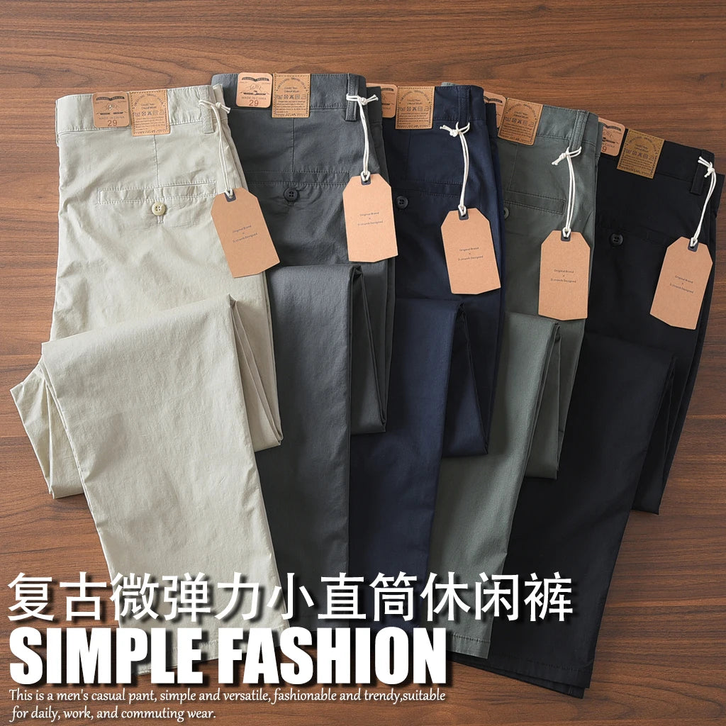 2025 Summer New American Retro Thin Micro Elasticity Casual Pants Men's Simple 97% Cotton Slim CHINO Business Straight Trousers