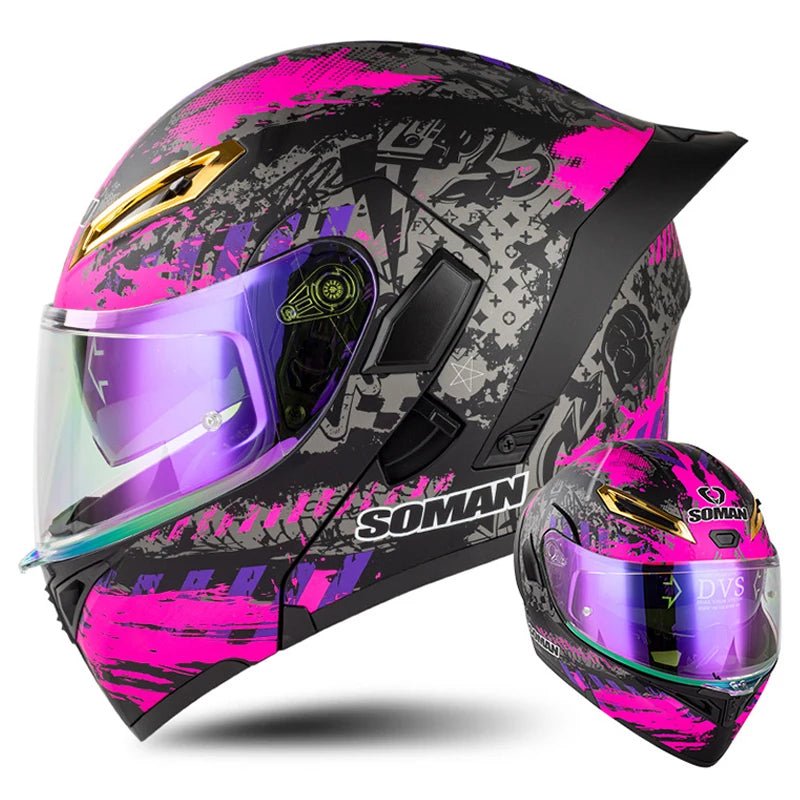 DOT Approved Men's Motorcycle Helmet Full Face Helmet with Double Visor Flip Up Motocross Helmet Four Seasons Universal