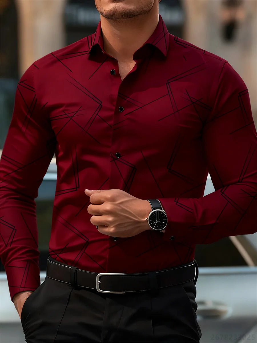 Men's trendy geometric line print long-sleeved shirt Business casual fashion design slim fit non-iron versatile ins style shirt
