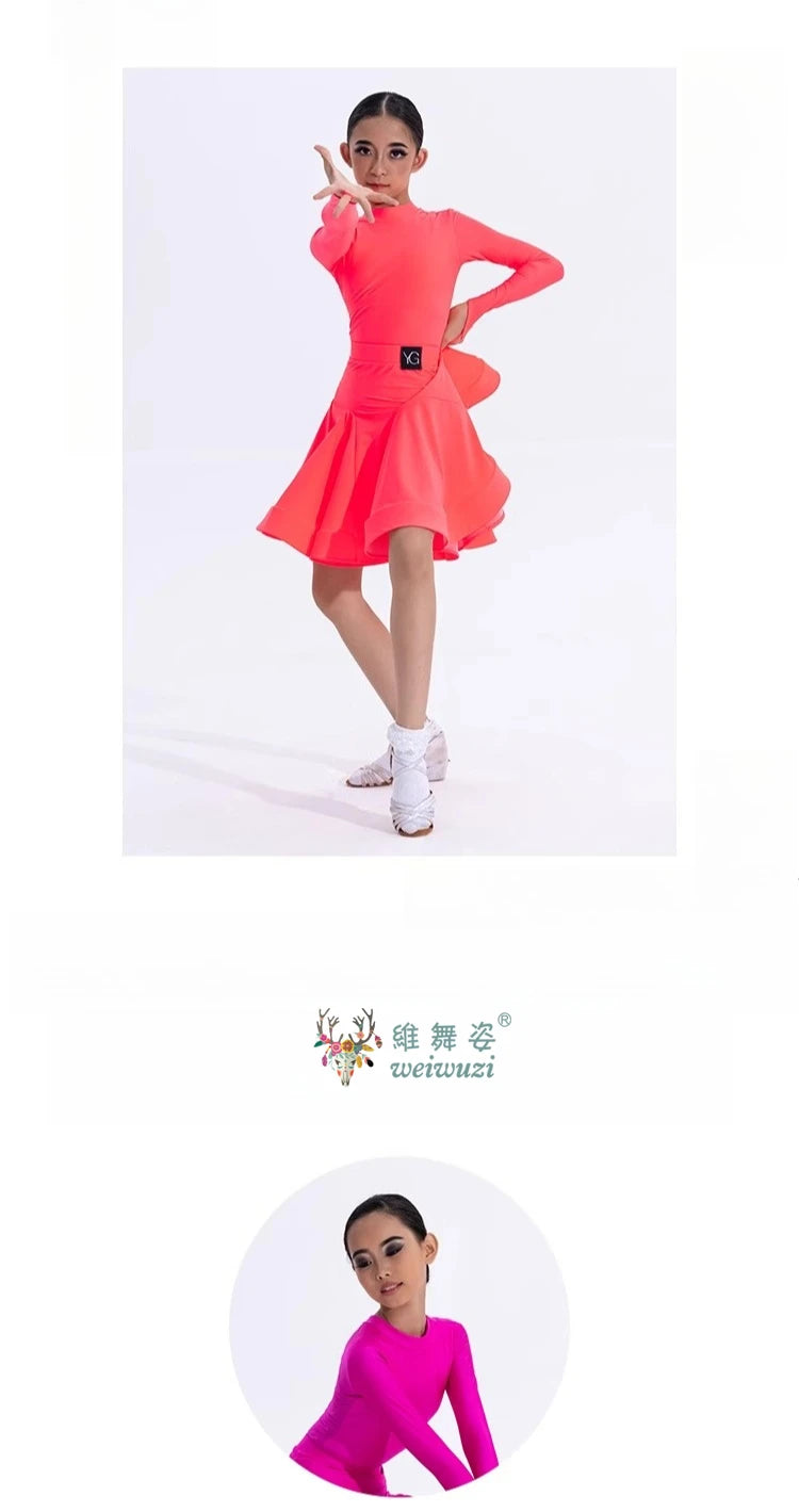 Girls Latin Dance Competition Clothing Glossy Fabric Long Sleeves Dance Dress Kids Cha Rumba Dance Practice Training Wear