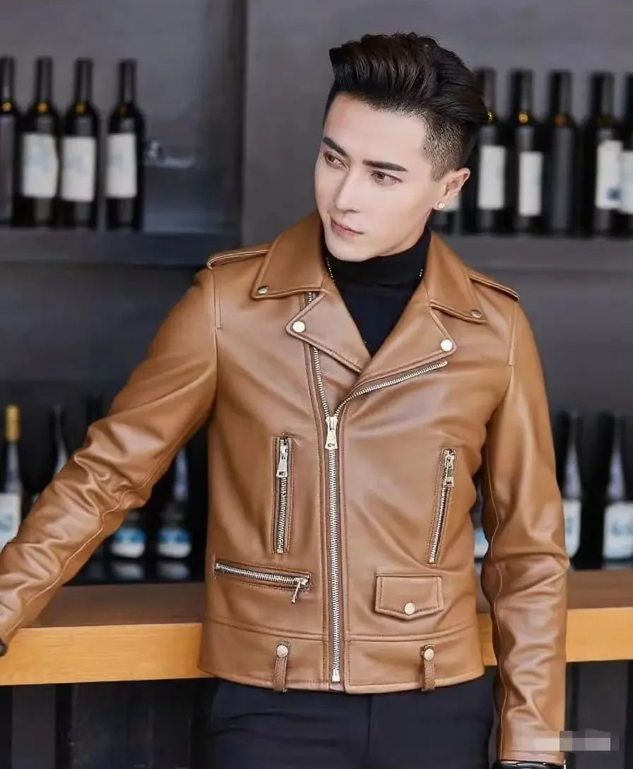 Men's Slim Fit PU Leather Jacket Fashionable Motorcycle Style Spring Autumn Korean Version Casual Outerwear Male Biker Coat