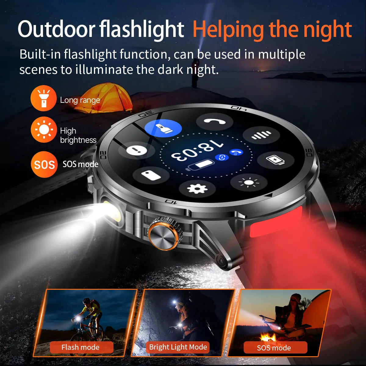 Fanwear men's smart watch SOS distress light +LED flashlight dual light mode 1000 mAh battery GPS trajectory 1.85 inch AMOLED