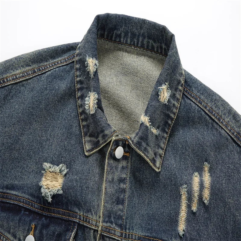 Spring Autumn Denim Jacket Men Retro Hole Jean Jacket Male Casual Streetwear Hip Hop Coats Trend Loose Motorcycles Denim Outwear
