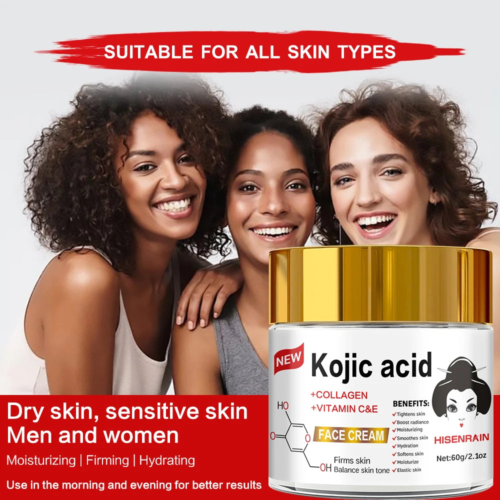 HISENRAIN Kojic Acid Cream - Brightening Glass Jar Face Moisturizer, Anti Dark Spots, Skin Whitening & Anti-Aging, for All Skin