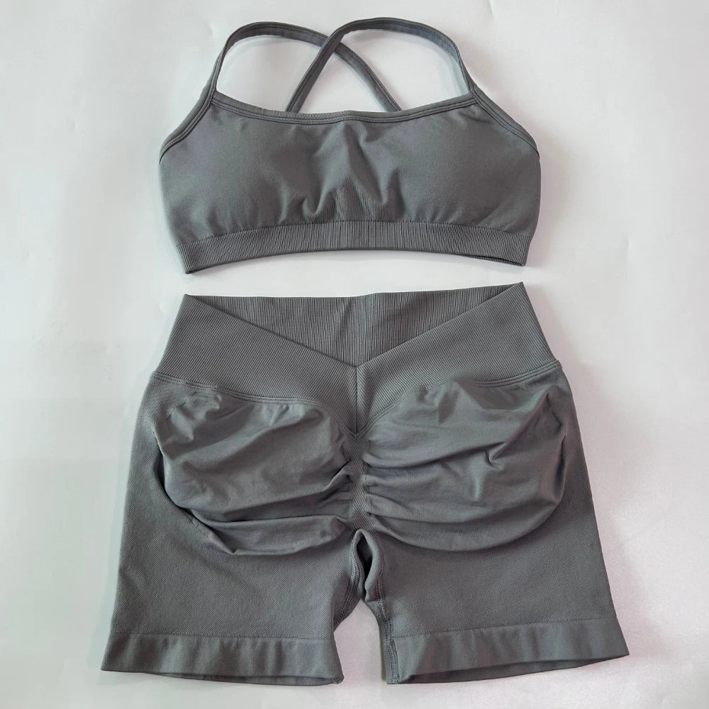 2 Pieces Set For Woman Clothes Seamless Scrunch Yoga Shorts Set Backless ktp Sports Bra Fitness Workout Top Gym Set Outfits