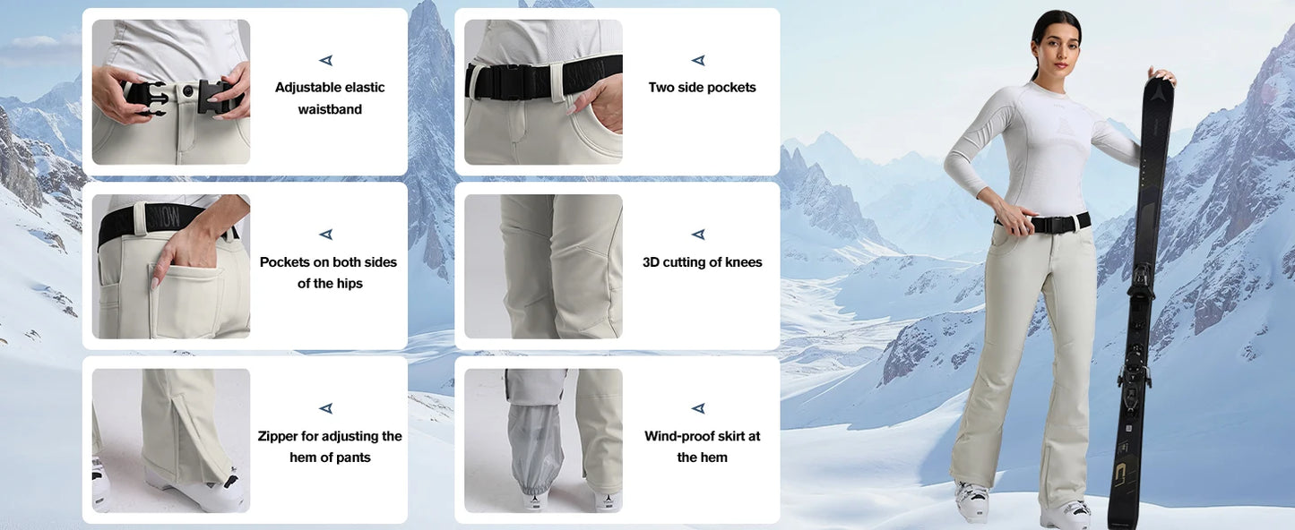 New Women's Ski Pants Stretch Slim-fit Dual-layer Insulated Professional Windproof Waterproof Breathable Solid Color Ski Pants