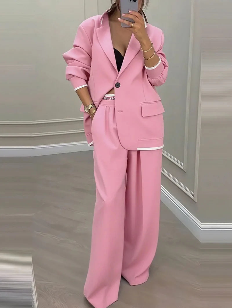Temperament Women's Pants Suit Loose Solid Color Autumn Winter Commuting Long-sleeved Lapel Top Wide-leg Trousers Two-piece Set