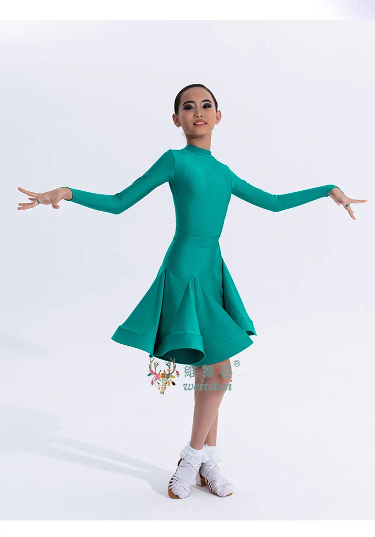 Girls Latin Dance Competition Clothing Glossy Fabric Long Sleeves Dance Dress Kids Cha Rumba Dance Practice Training Wear