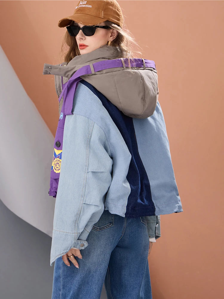 Women Short Puffer Jacket Hooded Thick Warm Winter Coat Color Block Denim Sleeve Streetwear Oversized Fashion Down Outerwear