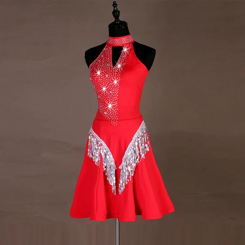 Shiny Black Red Sexy Latin Dance Dress Women High-end Custom Rumba Salsa Performance Skirt Female Dance Dresses
