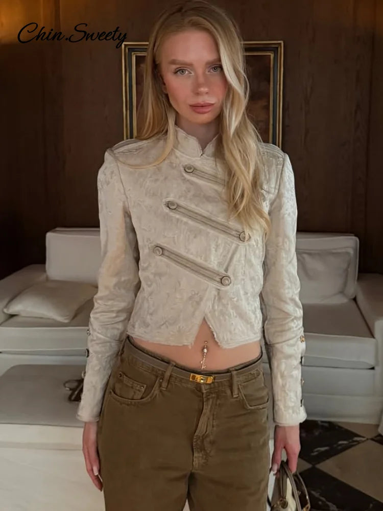 Unique Oblique Button Military Jacket Women Vintage Asymmetry Cropped Napoleon Jackets Lady New Fashion Street Spring Outwear