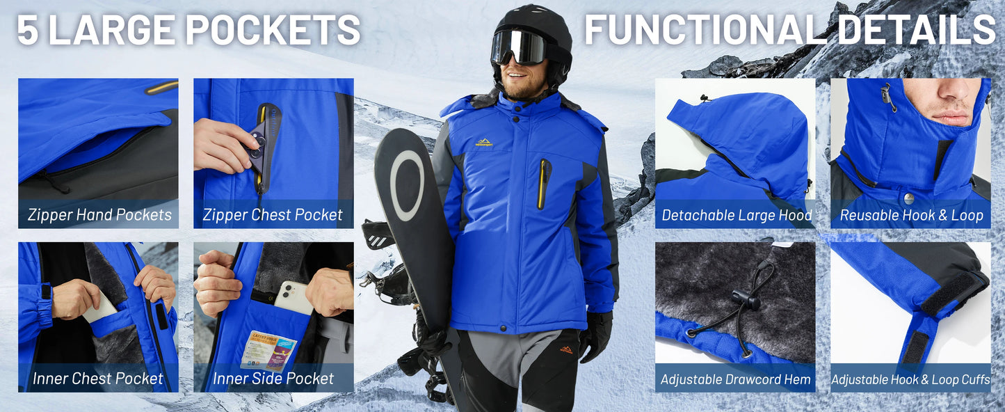 TACVASEN Winter Fleece Lining Jackets Waterproof Mens Ski Snowboard Parka Windproof Removable Hoodie Coats Casual Windbreaker