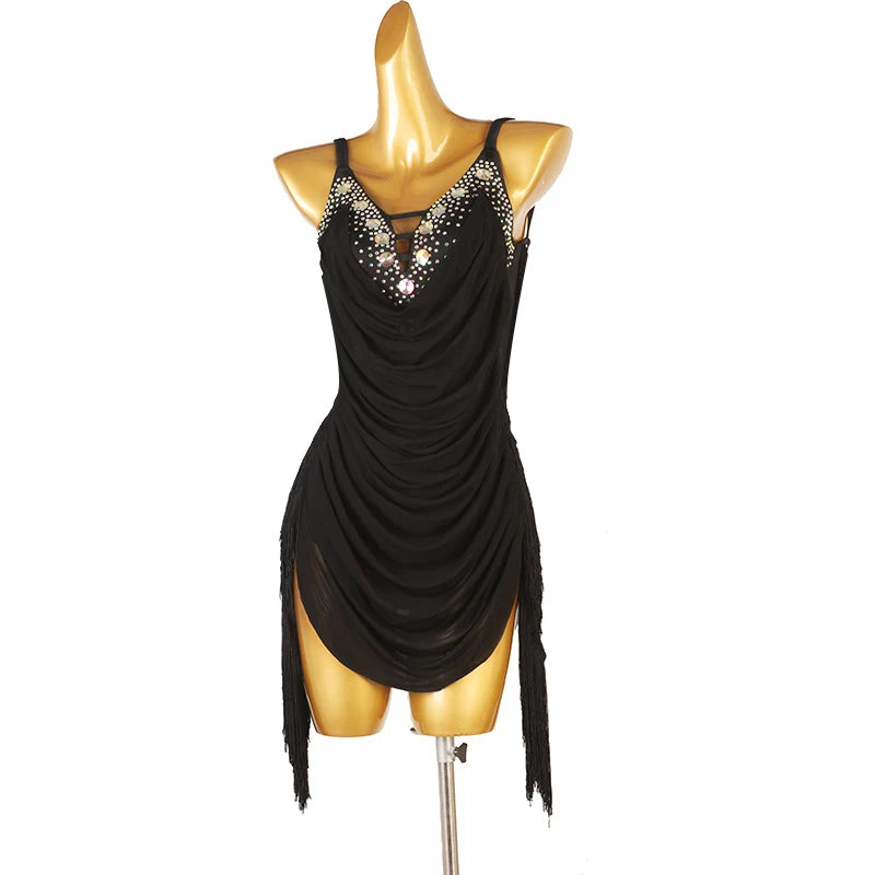 Women's Black Fringe Latin Dance Dress Ballroom Waltz Tango Samba Sling Backless Salsa Performance Competition Clothes