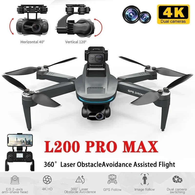 L200 PRO MAX Drone 4K Professional EIS Camera 2-Axis Gimbal 360° Obstacle Avoidance Brushless Motor GPS Quadcopter FPV RC Drones