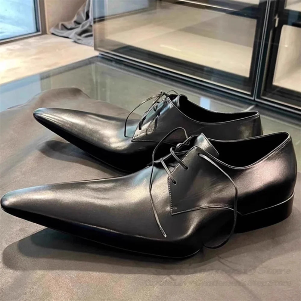 Pointed Leather Shoes for Men Black Retro Derby Shoes Business Formal Lace Up Casual Shoes Men Shallow Summer New Leather Shoes