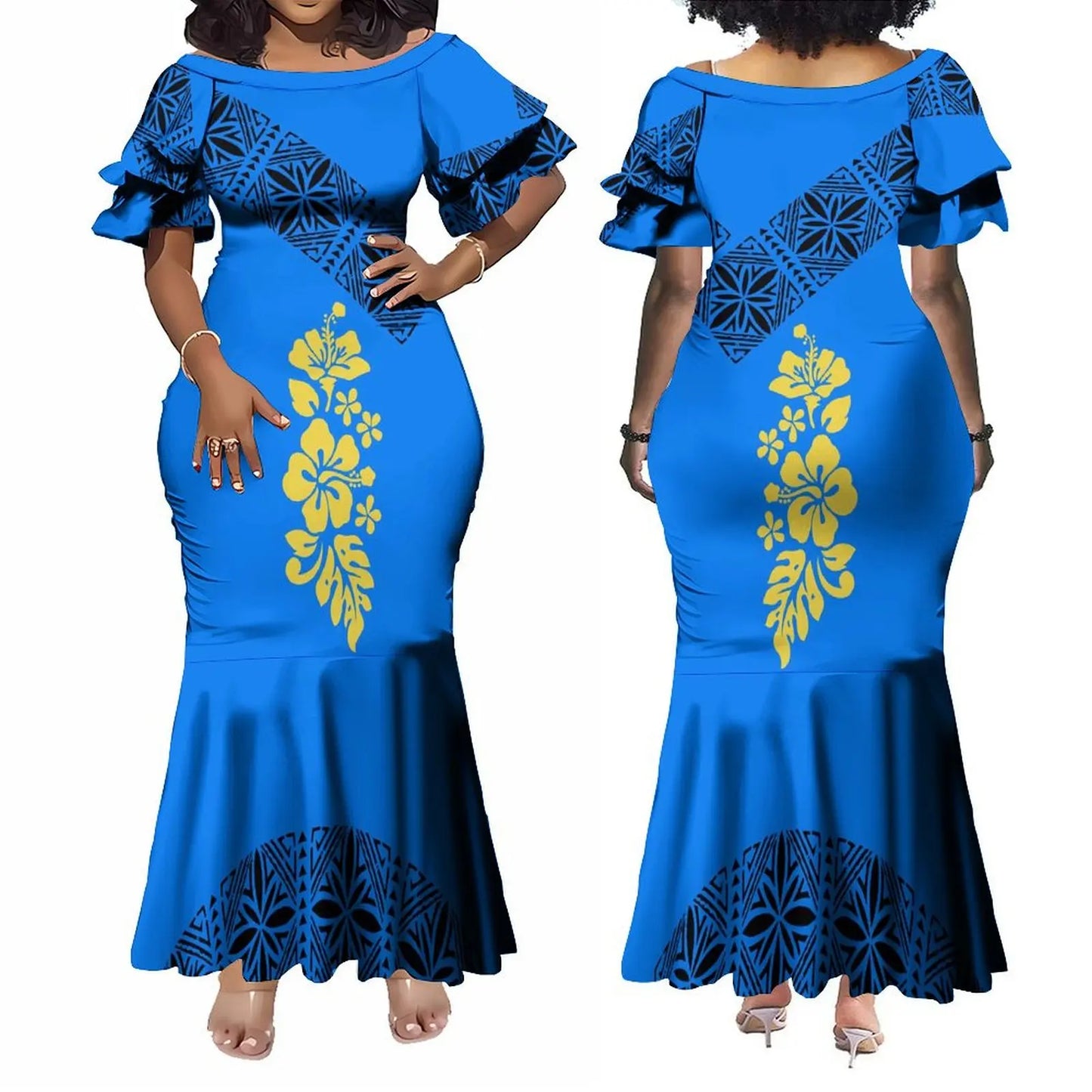 Factory Wholesale Custom Boat Neck Double Flare Sleeve Long Fishtail Ladies Dress Women Elegant Mermaid Evening Party Dress