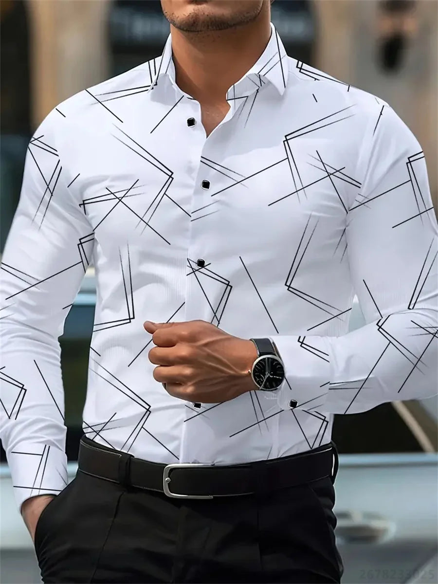 Men's trendy geometric line print long-sleeved shirt Business casual fashion design slim fit non-iron versatile ins style shirt