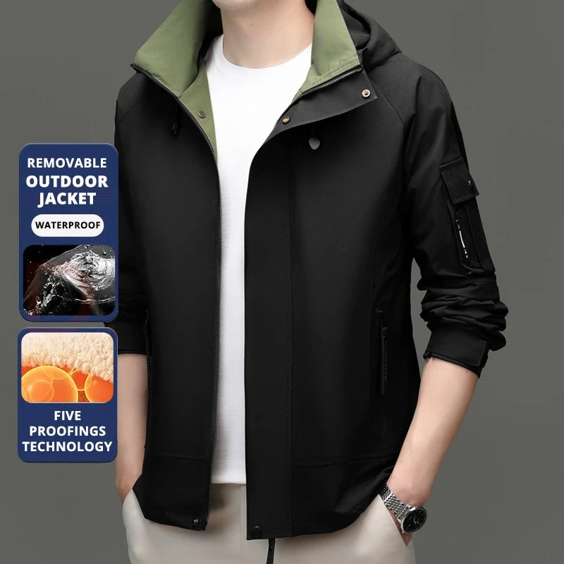 Top Grade Waterproof Designer Men Outdoor Jacket Soft Shell Autumn Windbreaker Casual Sports Coats Detachable Cap Outwear