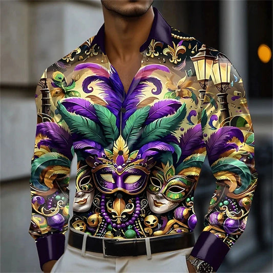 Men's Carnival Themed Feather Mask Print Long-Sleeve Shirt, Fashionable Street Style Party Casual Loose Fit Men's Top XS-6XL