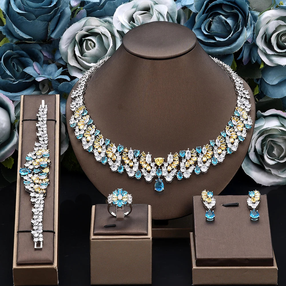 Luxury 4 Pieces Necklace Earrings Set Big Colorful CZ Zircon Wedding Bridal Jewelry Set Dubai Women Gift