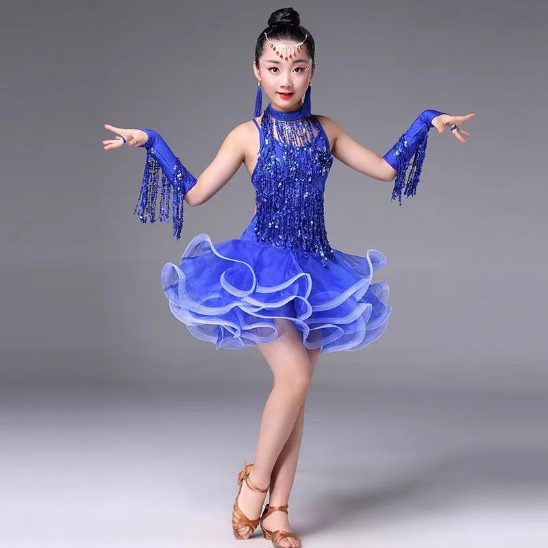 Teenager Girl 's Latin Dance Costumes Latin Skirt Sequins Performing Competition Costume Girls Salsa Dancing Tassel Dress