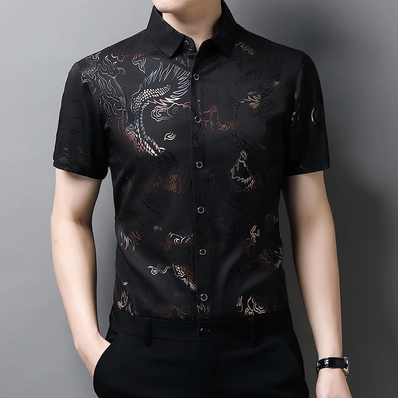 New Men's Casual Printed Short Sleeved Lapel Shirt for Summer Fashion Comfort No Ironing Wrinkle Resistant Top