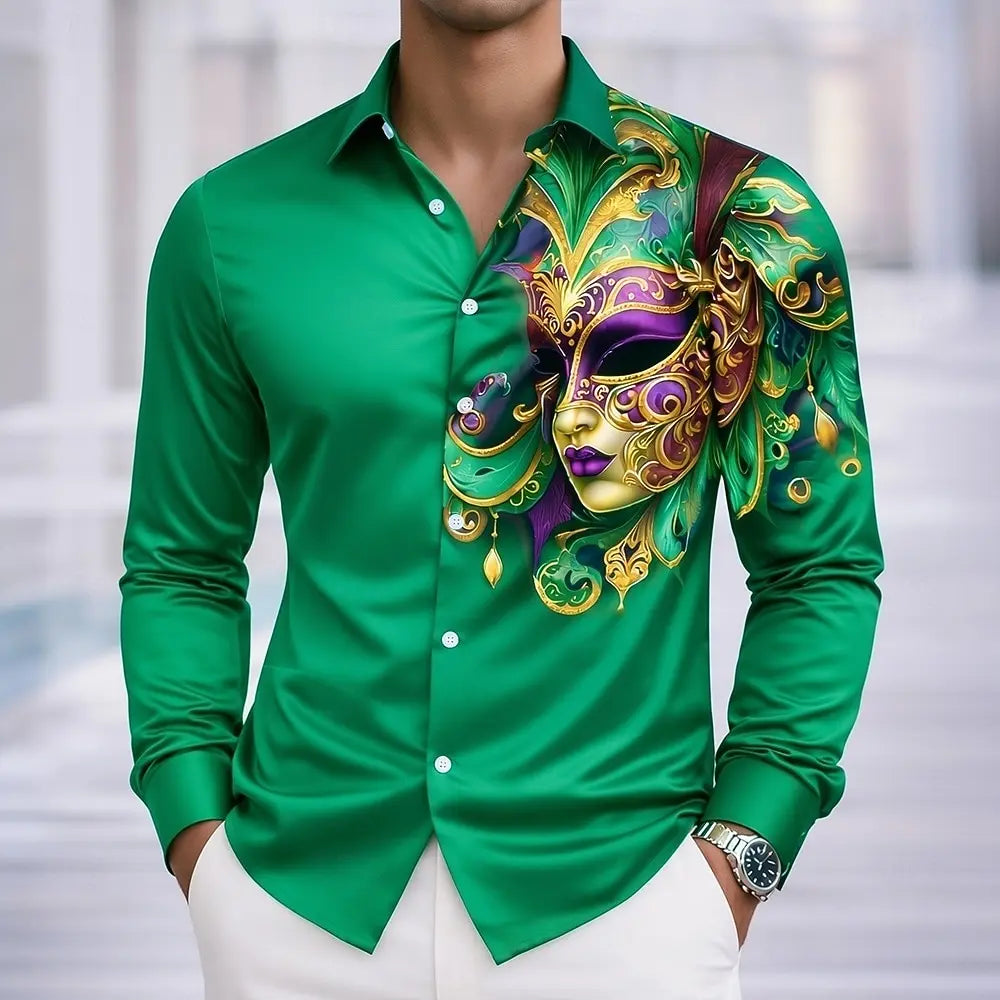 Mardi Gras Men's Carnival Beads Mask with Feathers Shirt Button Up Shirt Long Sleeve Vintage Retro Holiday Summer Spring shirts