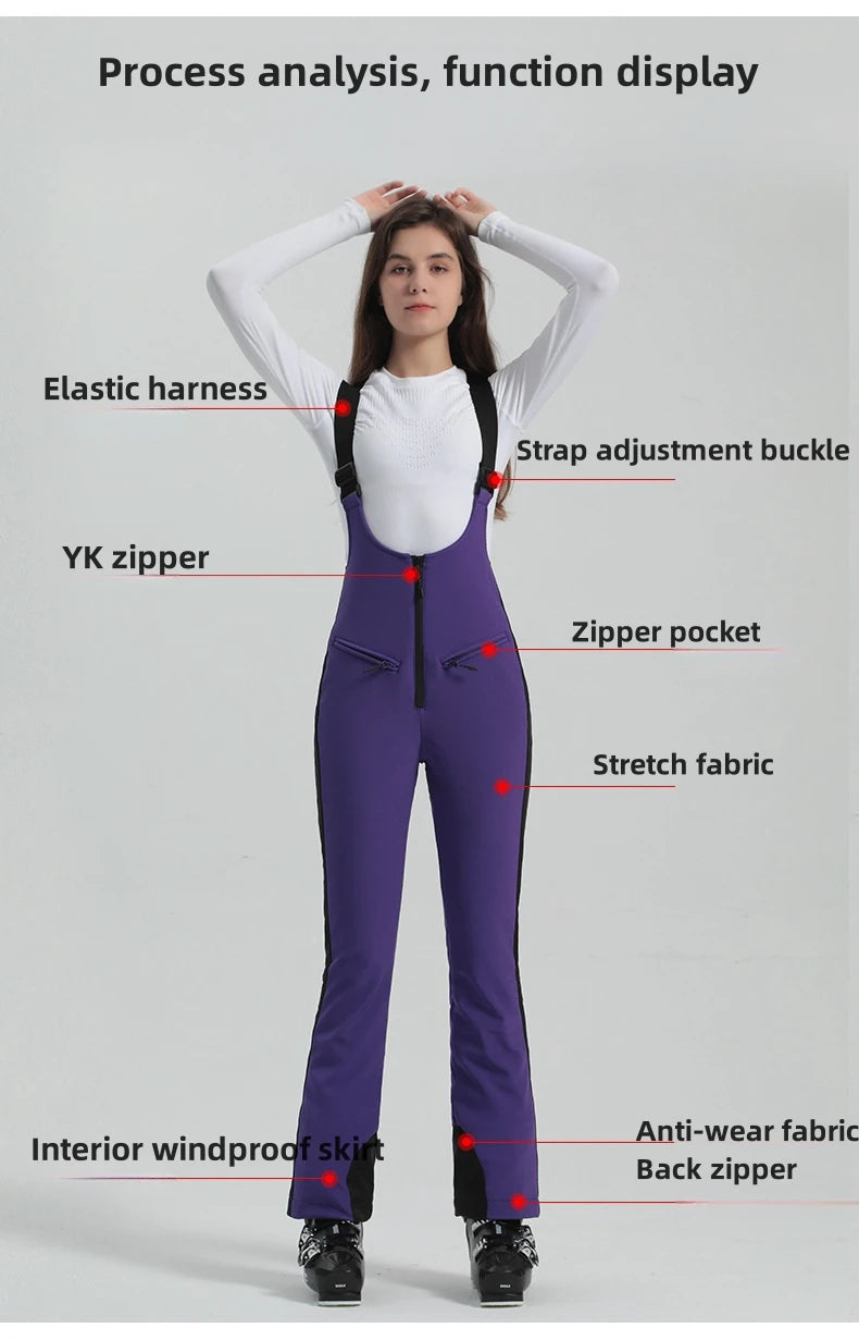 2024 Gsou Snow Winter Ski Pant Women Snowboard Strap Trouser High Waist Elastic Windproof Waterproof Thicken Thermal for Outdoor
