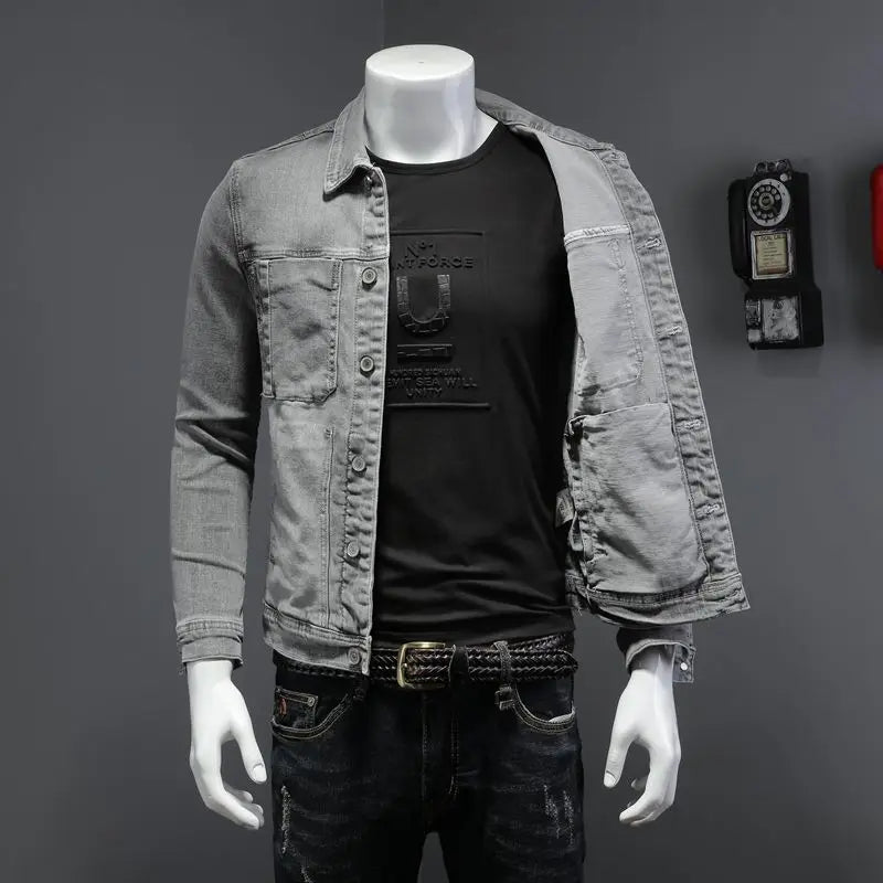 2025 Men's Autumn Winter Brand Casual Cotton Jacket with American Retro Motorcycle Embroidered Street Fashion Grey Jeans Coat