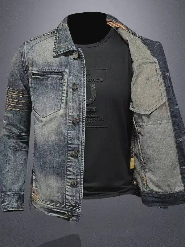 2025 Men's Autumn Winter Brand Casual Cotton Jacket with American Retro Motorcycle Embroidered Street Fashion Grey Jeans Coat