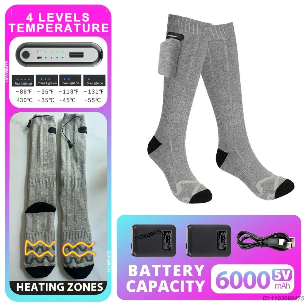 New Heated Socks Rechargeable 6000mah Electric Heated Skiing Socks Snowboarding Outdoor Sports Foot Warmer Winter Thermal Socks