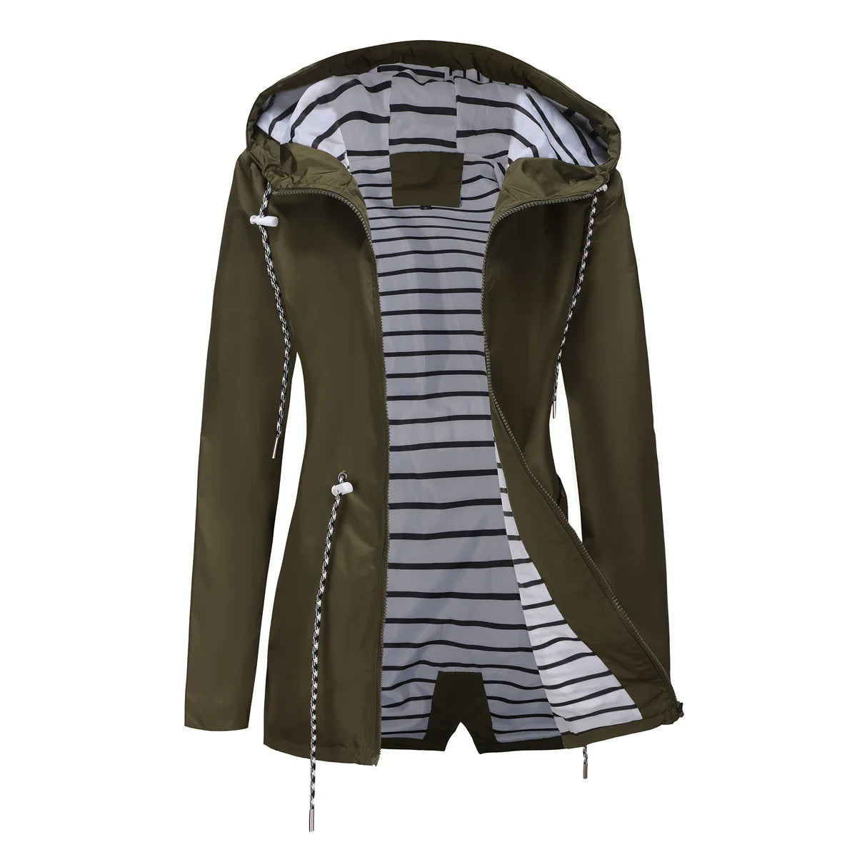 Red Waterproof Hooded Jacket, Women Fashion Casual Coat, Waist Drawstring Tie Zipper Switch Blue Green Yellow Black Windbreaker
