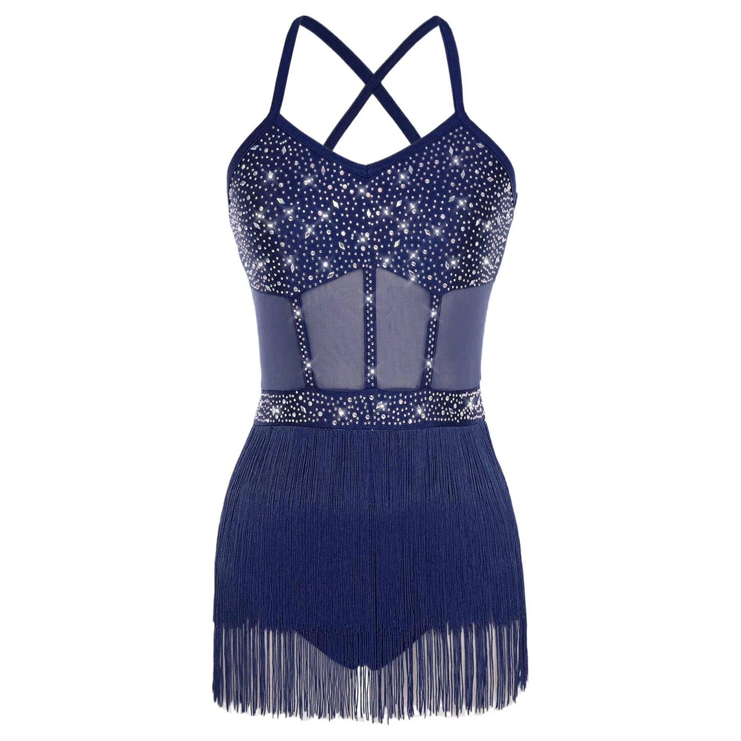 Womens Latin Dance Dress Sheer Mesh Patchwork Tiered Tassel Bodysuit Dress and Gloves for Tango Samba Dance Ballroom Dancewear