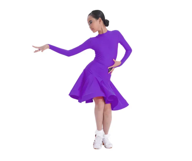 Girls Latin Dance Competition Clothing Glossy Fabric Long Sleeves Dance Dress Kids Cha Rumba Dance Practice Training Wear