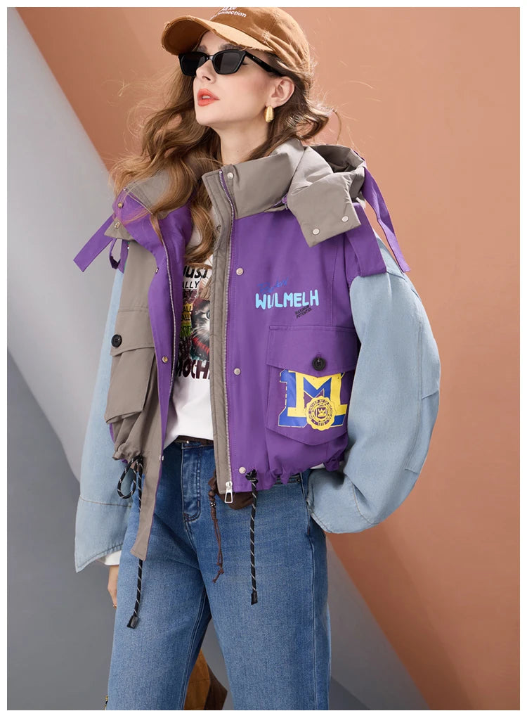 Women Short Puffer Jacket Hooded Thick Warm Winter Coat Color Block Denim Sleeve Streetwear Oversized Fashion Down Outerwear