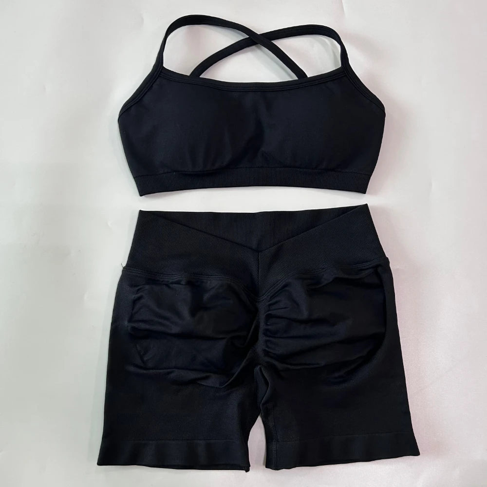 2 Pieces Set For Woman Clothes Seamless Scrunch Yoga Shorts Set Backless ktp Sports Bra Fitness Workout Top Gym Set Outfits