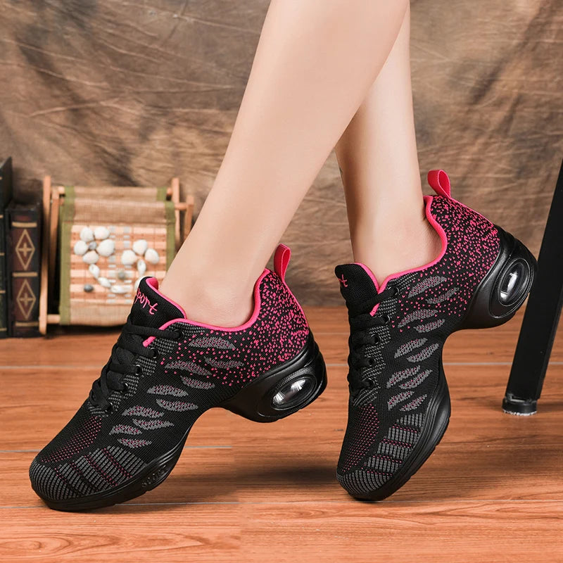 Breathable Dance Sneakers Woman Man Black Red Air Mesh Split-sole Square Dance Salsa Dancing Shoes Girls Ladies Sports Shoes