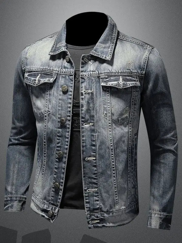2025 Men's Autumn Winter Brand Casual Cotton Jacket with American Retro Motorcycle Embroidered Street Fashion Grey Jeans Coat