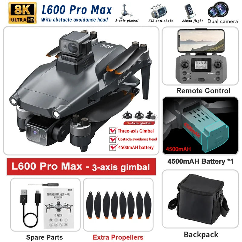 L600 PRO MAX / PRO GPS Drone Professional 4K HD Dual Camera 3-Axis PTZ Brushless Obstacle Avoidance 5G WIFI RC Quadcopter Toys