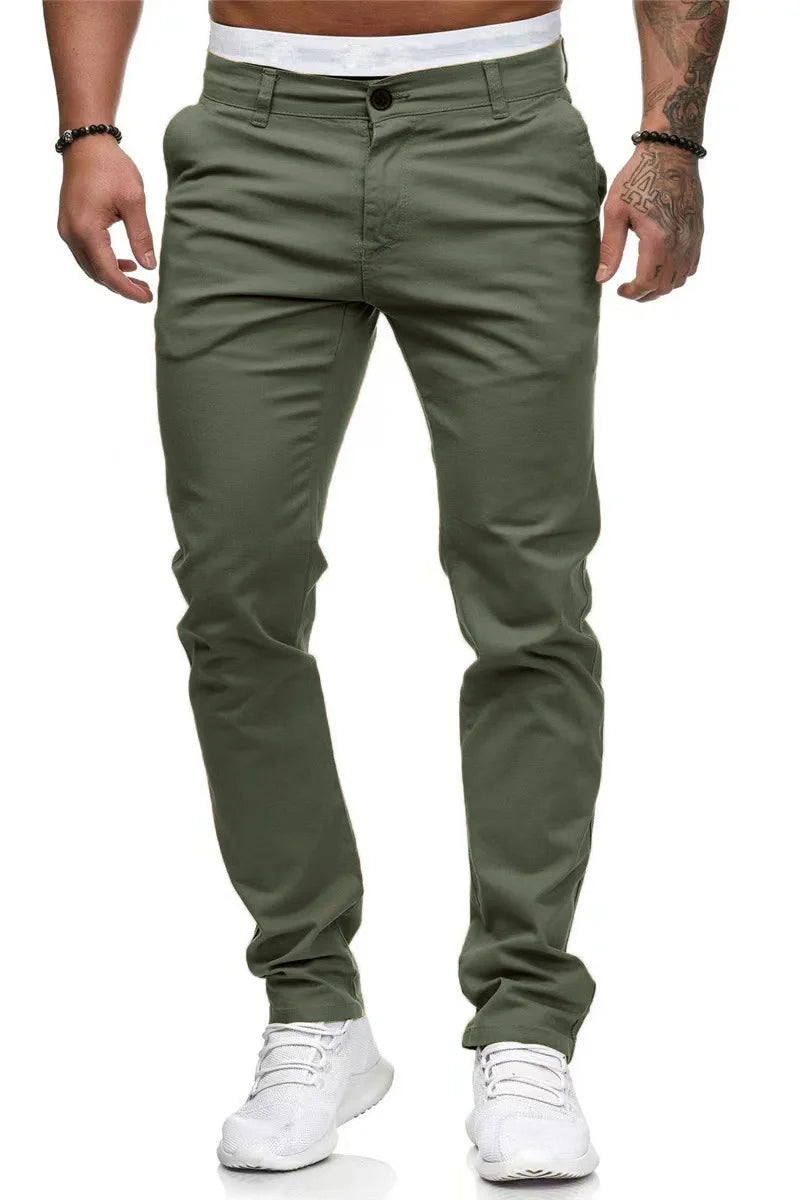 Men's Solid-color Slim-fit Pants with Front Pockets and Zippers for Business Casual Wear with Tapered Bottom Pants Men